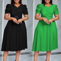 Vêtements pour femmes dames nouveau col en v manches courtes taille tempérament dame robes élégantes plissées grandes femmes balançoires tenue décontractée