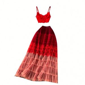 Conjunto de Primavera para Mujer: Top de Manga Larga con Cuello en V y Falda Midi de Cintura Alta con Encaje Tejido, Estilo Vacacional, Venta al por Mayor - Product Image 5
