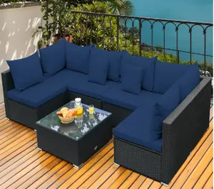 Mesa de mimbre Natural de PP y PE para exteriores, juego de salón para balcón, terraza y jardín, muebles de mimbre Plegables