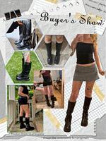 Bottes de moto pour femmes, hauteur genou, avec fermeture éclair latérale, bride à boucle, talon épais, en cuir PU noir, style western, vente en gros