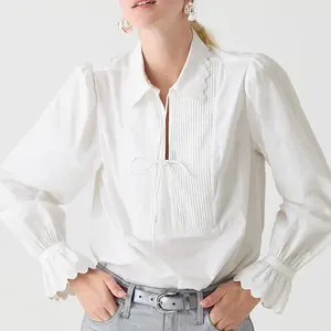 Women's Spring Fall Fashion Custom Long Sleeves Turtleneck Ivory Elegant Blouse Classic Office Ruched Ruffled Cotton Top
