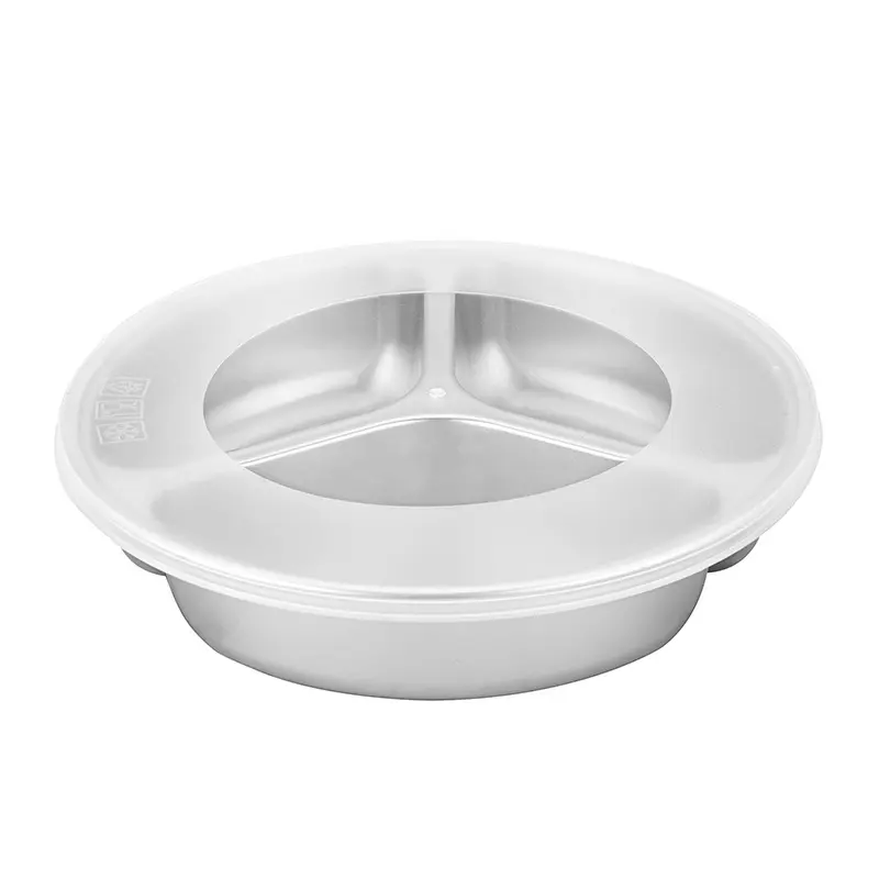 透明なプラスチック製のふたが付いている工場ステンレス鋼のファーストフードの容器3つの分割されたコンパートメントの円形のスナックディナープレートの皿