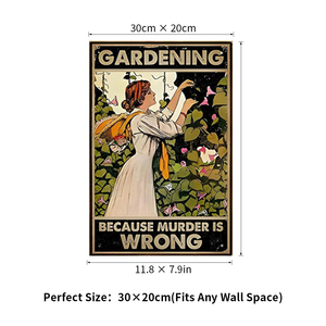 Targa in metallo vintage 'Gardening Because Murder Is Wrong', Placca da parete con citazione divertente 'Lady Flower Garden', Decorazione per giardino e casa - Product Image 6