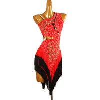 Robe de danse courte à col en V, bretelles spaghetti, dégradé de couleurs à sequins, avec franges, pour la danse latine, performance et compétition