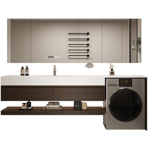 Meuble <span class=keywords><strong>de</strong></span> <span class=keywords><strong>salle</strong></span> <span class=keywords><strong>de</strong></span> <span class=keywords><strong>bain</strong></span> intégré avec <span class=keywords><strong>machine</strong></span> <span class=keywords><strong>à</strong></span> <span class=keywords><strong>laver</strong></span>, combinaison vasque en dalle <span class=keywords><strong>de</strong></span> roche, design minimaliste moderne, miroir intelligent et rangement - Product Image 5