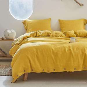 Customizable Boho 100% Cotton Mustard <b>Yellow</b> Duvet Cover <b>Set</b> with Coconut Buttons 2 Pillowcases 3-Piece Anti-Bacteria <b>Bedding</b> - Product Image 3