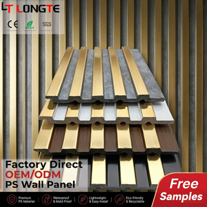 Vente flash : panneau mural 3D en PS rainuré, imperméable, en <span class=keywords><strong>polystyrène</strong></span>, lambris <span class=keywords><strong>à</strong></span> lattes, revêtement en bois texturé, panneau décoratif pour l'intérieur des cafétérias - Product Image 1