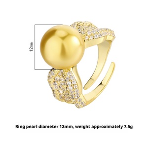 Bijoux de haute qualité, écologiques, en cuivre, perle de coquille dorée de 12 mm, plaqué or, micro-incrustation CZ, magnifique, unique, bague réglable - Product Image 2