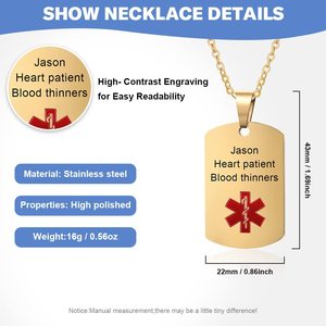 Collar con Colgante de Alerta Médica Grabado Personalizado, Tarjeta de Identificación de Emergencia de Acero Inoxidable para Pacientes Cardíacos, Información de Alergias y Medicamentos - Product Image 3