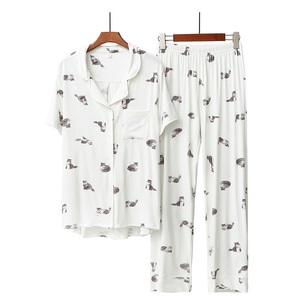 Personalizzato Private Label Cut Cat Stampato Bianco di Notte di Sonno di Usura Modale Traspirante Delle Donne 2 Pezzi <span class=keywords><strong>Pigiama</strong></span> Set <span class=keywords><strong>Pigiama</strong></span> - Product Image 1