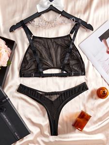 Französische Spitze 2-teiliges Transparentes Dessous-Set Blumenstickerei Ultra-dünne Nachtwäsche für Frauen Elegante Boudoir-Intimwäsche Nieten Sexy BH - Product Image 2