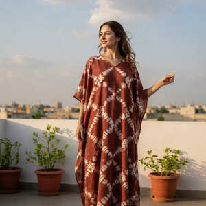 Vestido Maxi Boho con Cuello en V, Holgado, Asimétrico, con Estampado Geométrico Tie-Dye, para Todas las Temporadas, Informal, Tejido de Algodón y Viscosa, Ecológico - Product Image 1