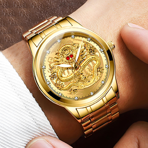 Luxury Fngeen Embossed Golden Dragon Stainless Steel Men's Quartz Movement <b>Waterproof</b> Quartz Wrist <b>Watch</b> Diamond-encrusted Red - Product Image 3