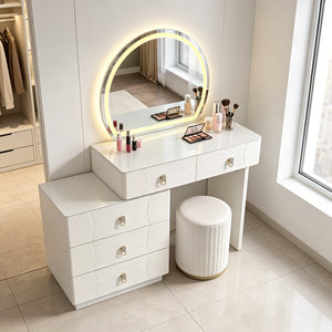 Tocador Moderno Blanco con Espejo LED Redondo, Cómoda de 3 Cajones y Taburete Acanalado para Dormitorio - Product Image 6