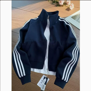<b>Women's</b> <b>Navy</b> Blue Stand Collar Zip up Long Sleeve Striped Polyester Track <b>Jacket</b> Sporty Coat - Product Image 1