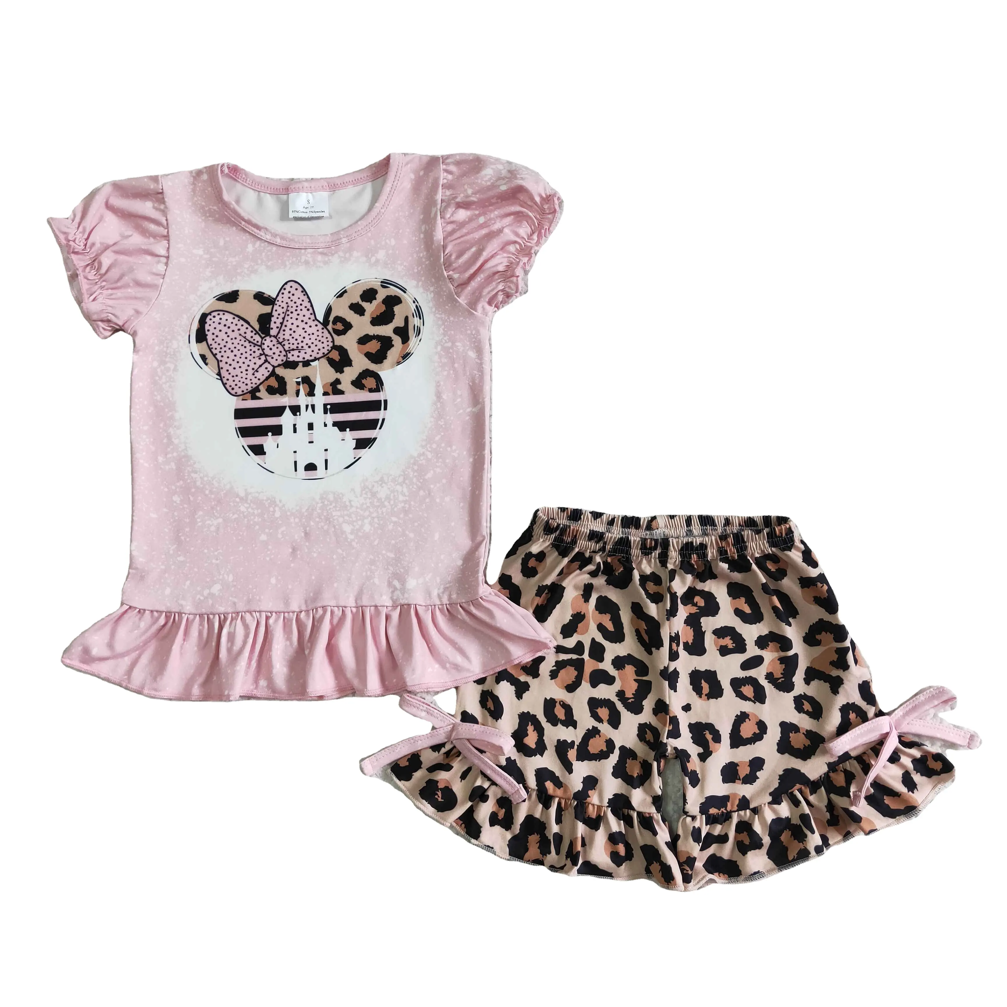 Cartoon mouse castle print leopard children clothing kids wear baby girls boutique sets two pieces T shirt shorts outfits