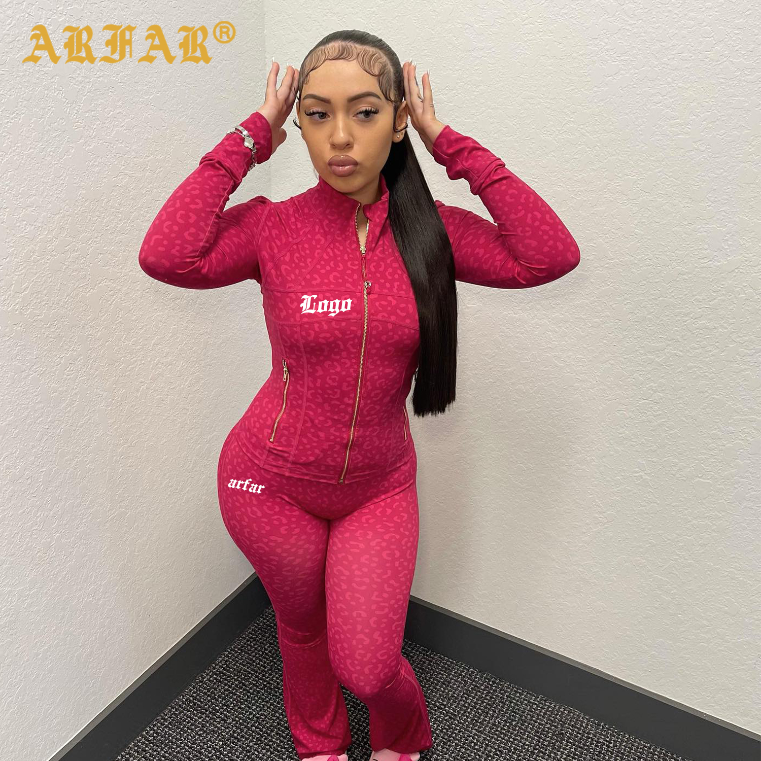 Y2k Clothing Women Custom Activewear Sets Cheetah Print Gold Zipper Yoga Jacket Flare Gym Leggings Workout Outfits for Women