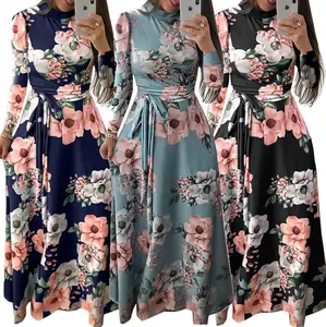 Vestido largo de talla grande para mujer, vestido largo informal de manga larga con estampado floral bohemio, vestidos de fiesta elegantes de cuello alto