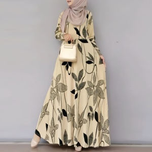 Vestido de mujer musulmana con estampado floral, manga larga, cuello redondo, estilo swing, túnica informal de corte A para vacaciones en el Medio Oriente - Product Image 2