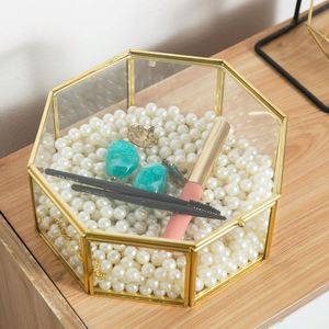 Caja de Vidrio Hexagonal Dorada Minimalista, Organizador de Joyas Geométrico, Exhibidor de Adornos Transparente, Decoración Estética para el Hogar, Caja de Almacenamiento para Tocador - Product Image 4
