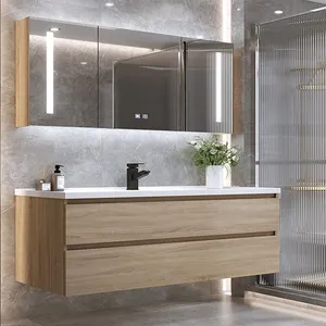 Fabrika doğrudan satış ucuz Modern ahşap duvar asılı banyo mobilya havzası lavabo setleri banyo dolabı Led ayna ile