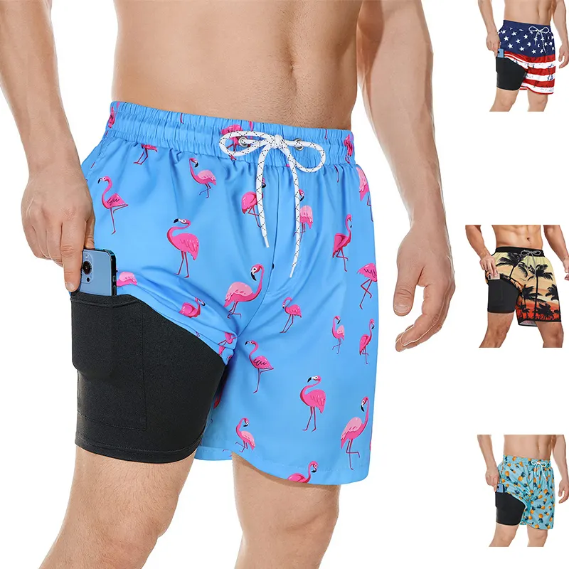 Men's Swim Trunks with Compression Liner Quick Dry Bathing Suit Board Shorts with Zipper Pockets