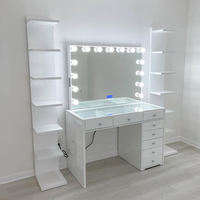 Table de toilette moderne blanche avec miroir LED Hollywood et tiroirs, bureau de maquillage avec station de charge pour petite chambre