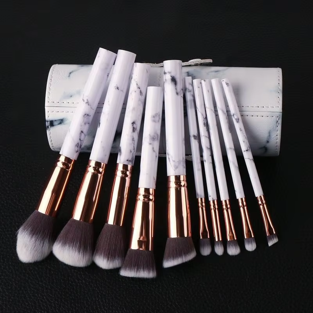 YDINI High Quality Professional 10pcs Private Label Synthetic Hair Marble Handle Cosmetic Makeup Brush Set with Tube Holder