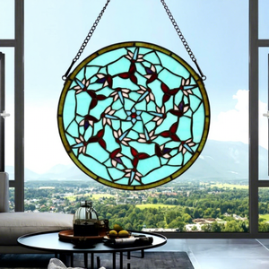 Hermosos Paneles Colgantes de Vidrio Estampado con Flores Azules Marinos Estilo Tiffany de 12 Pulgadas, Estructura Sólida, para Cocina, Dormitorio, Sala de Estar, 3 mm de Grosor - Product Image 1