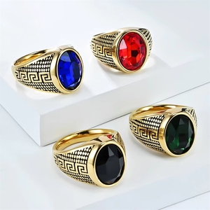 Bague Hip Hop Vintage Motif Grande Muraille avec Pierres Précieuses, Bijou Tendance en Acier Inoxydable Plaqué Or 18K pour Hommes et Femmes, Vente en Gros - Product Image 1