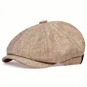 Wholesale Vintage <b>Flat</b> <b>Cap</b> Hat 8 Panel Newsboy <b>Cap</b> Summer Breathable Linen Newsboy <b>Cap</b> <b>Men</b> - Product Image 2