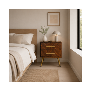 Modern Wood <b>Bedside</b> <b>Table</b> Nightstand 2 Drawer Brass Handle Tapered Legs OEM ODM Custom Supplier Direct Supply Furniture - Product Image 1