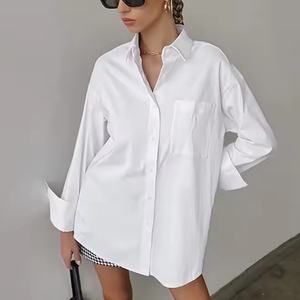 Blusas y Camisas con Logotipo Personalizado OEM para Mujer, Camisa Casual de Algodón de Manga Larga con Cuello Camisero Sólido para Mujer - Product Image 4