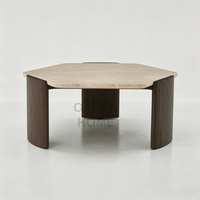 Table basse hexagonale moderne en travertin OAKEN, plateau en pierre naturelle, base en bois massif, table centrale, meubles de salon