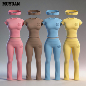 Nouvel ensemble 2 pièces extensible pour femme : haut à manches courtes et pantalon à enfiler avec taille ajustable, couleur unie pour l'été, logo personnalisé - Product Image 1
