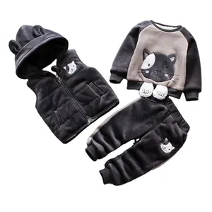 Kids Clothes Warm Set Children Winter 3-piece Clothing Sets With Fur And Hood With Cartoon Pattern