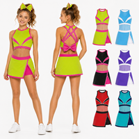 Set Bra Cheer Bra Custom, Atasan dan Rok Cheerleading, Neon Lime Green, Hot Pink, Rhinestone, Panel V, X Back, Pita, Set Latihan Cheer