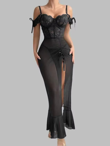Robe de nuit élégante pour femme, style estival, sexy, en dentelle patchwork, épaules dénudées, en maille transparente, couleur unie - Product Image 2