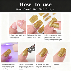 Autocollants <span class=keywords><strong>d</strong></span>'enveloppements <span class=keywords><strong>d</strong></span>'ongles en gel semi-durci à 16 pointes, couverture complète, extension UV/LED à paillettes dorées simples, curseurs durables - Product Image 6