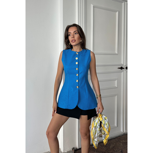 Gilet en lin jacquard pour grandes tailles, boutons dorés, taille ajustée, extérieur bleu pour le bureau, tissé en laine et coton, disponible en longueur longue ou courte - Product Image 5