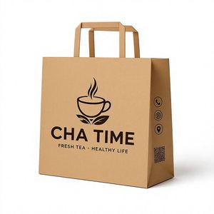 Bolsas de Papel Kraft con Logotipo Personalizado, Asas Planas, Impresión de Código QR, Embalaje de Grado Alimenticio para Tiendas de Té y Té de Burbujas, Suministro al por Mayor - Product Image 1