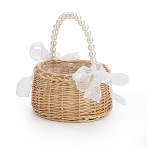 ตะกร้าหวายสานด้วยมือสำหรับเด็กผู้หญิงพร้อมโบว์ริบบิ้นมือจับไข่มุกแบบเรียบง่ายสำหรับงานแต่งงานตะกร้าดอกไม้สำหรับงานแต่งงานที่หรูหราระดับมืออาชีพ - Product Image 1