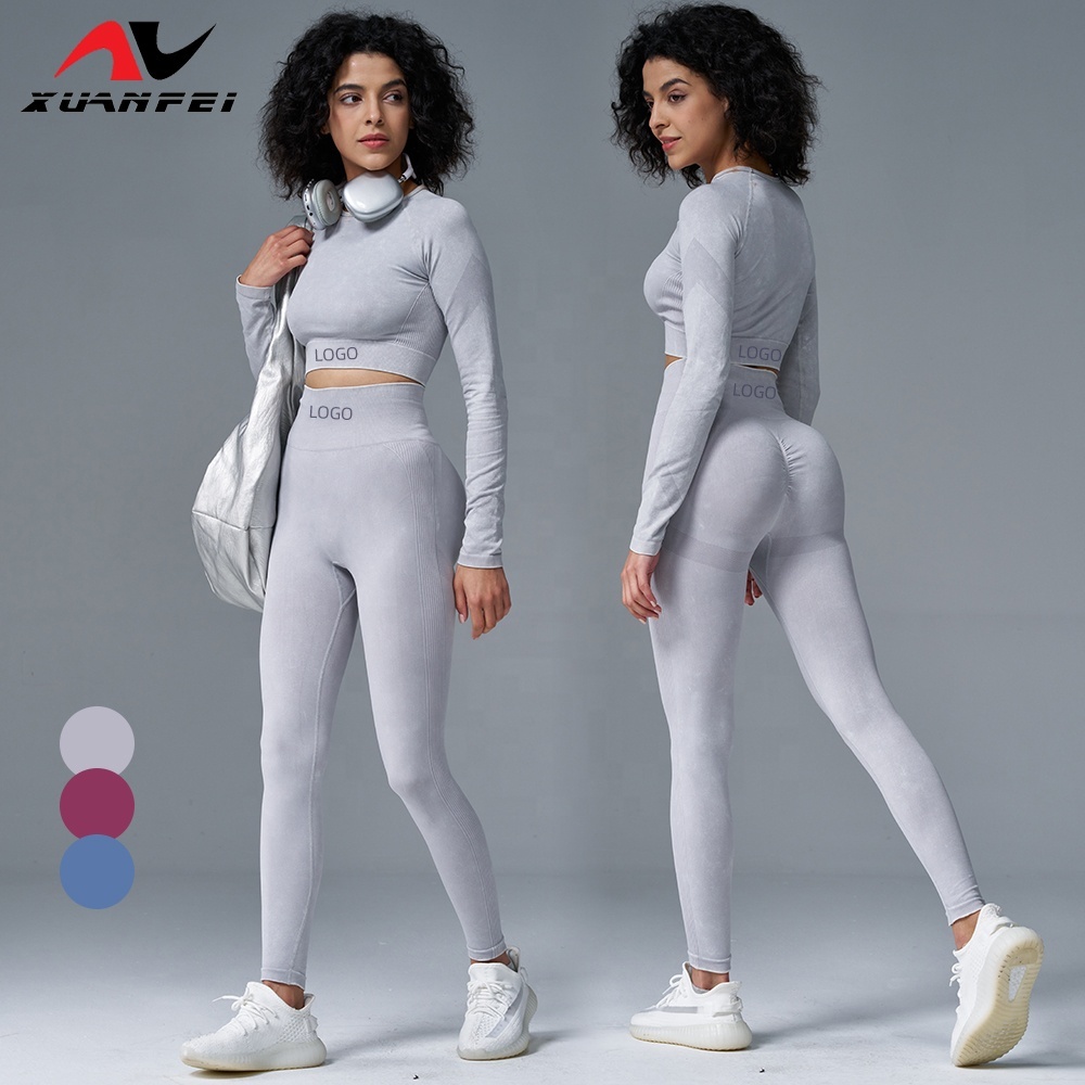 Yoga Set Seamless Knitted Tight Fitness Trousers with Quick-Drying Long Sleeve Top Breathable Leggings for Women