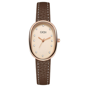 Oval Quartz <b>Watch</b> <b>Women</b> Wristwatch Minimalist Pointer Dial Litchi Grain Leather Strap Fashion Daily Wear - Product Image 4
