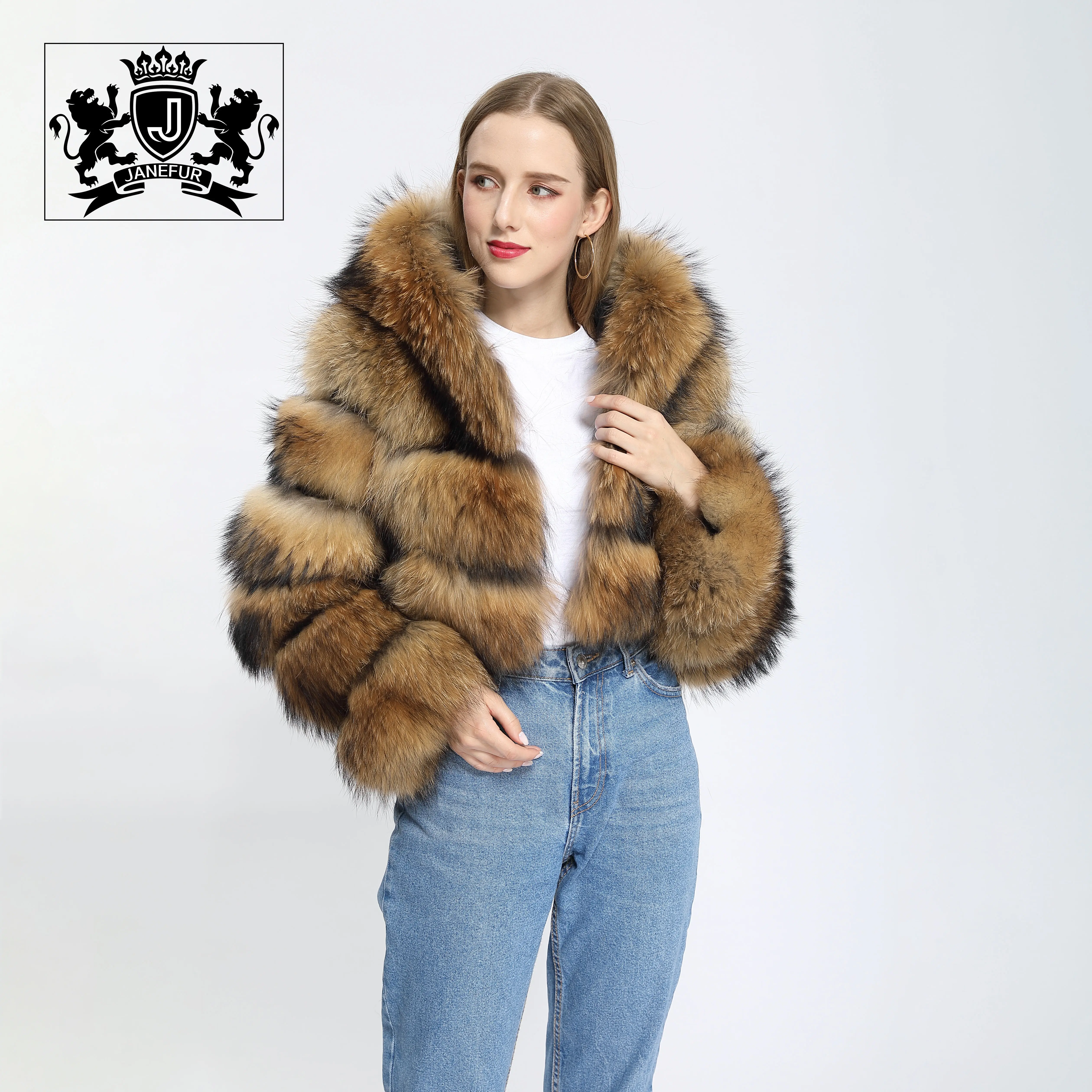 Drop shipping popüler kürklü lüks kürk ceketler kürk mantolar kadın moda racoon kürk ceket hood ile