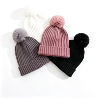 Bonnet d'hiver en fausse fourrure avec pompon, couleur unie, rayures verticales, tricoté, chaud, style bonnet à revers, pour usage quotidien en extérieur, fournisseur de bonnets