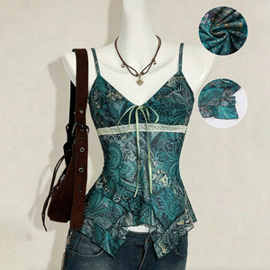 Boho Vintage Print Asymmetrical A Line Cami Top for Women, Lace Patchwork <b>Tie</b> V Neck Slim Fit Summer Top - Product Image 5