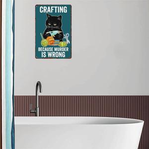 Targa vintage in metallo con scritta "Crafting Because Murder Is Wrong" - Divertente targa con gatto nero |   Arte Decorativa da Parete in Alluminio - Product Image 1