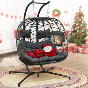 Fauteuil à œuf <span class=keywords><strong>suspendu</strong></span> pour intérieur et extérieur pour 2 personnes, <span class=keywords><strong>double</strong></span> et large, en osier, avec support, surdimensionné, pour jumeaux et patio, causeuse à 2 places - Product Image 5