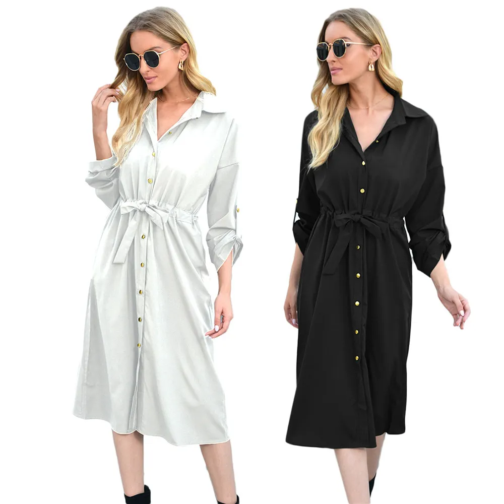 New Style Turndown Tie Waist Midi Length Black and White Shirt Dresses for Woman